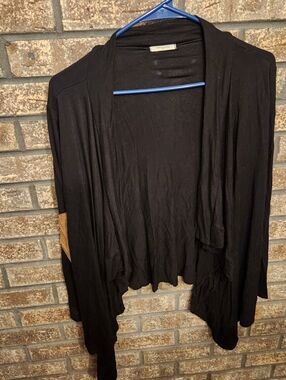 12 Pm By Mon Ami Black Draped Open-Front Cardigan with Tan Elbow Patch Size S/M